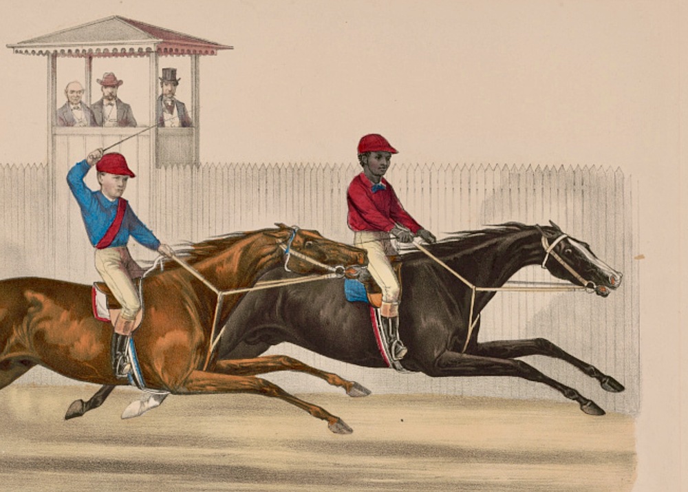 Longfellow winning the Monmouth Cup in 1872, with a jockey believed to be John Samples