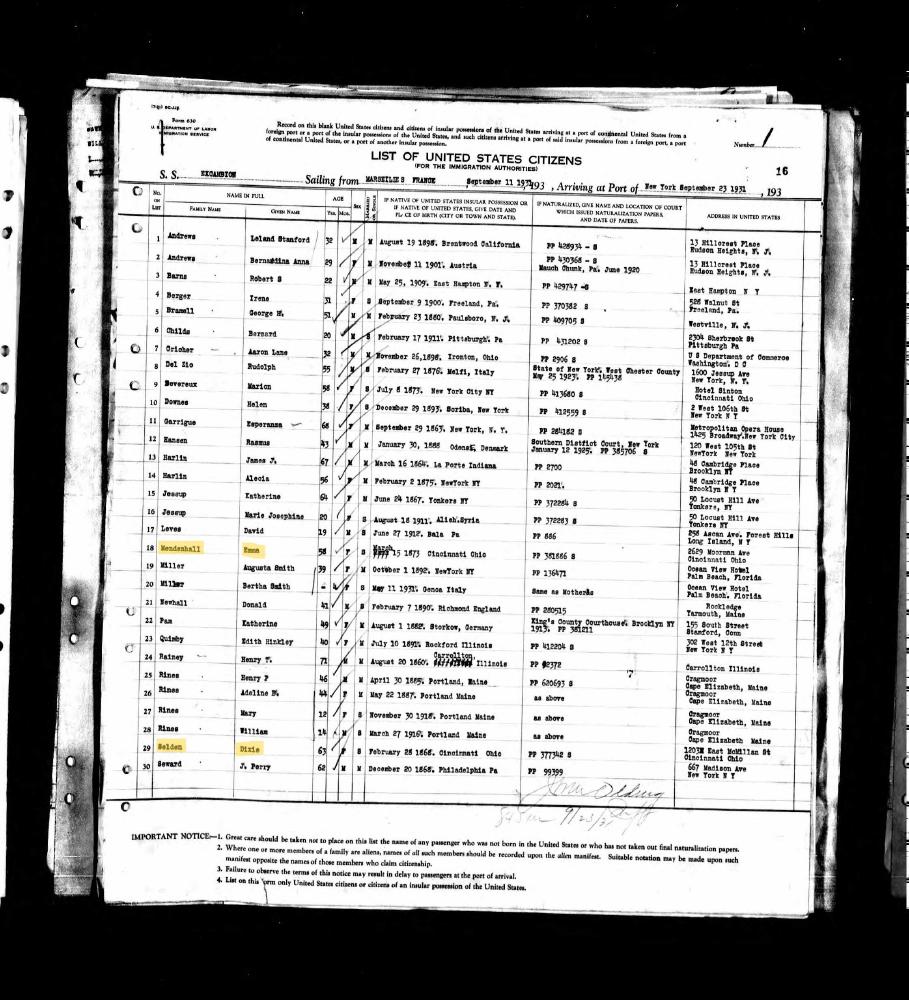 A 1931 passenger manifest showing Emma Mendenhall and Dixie Selden returning together from Marseilles, France.