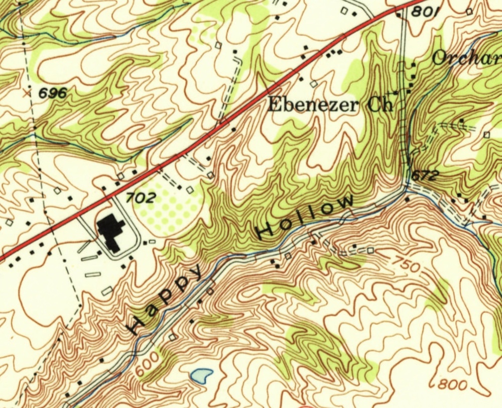 A topographic map from 1953 showing Happy Hollow and Ebenezer Baptist Church