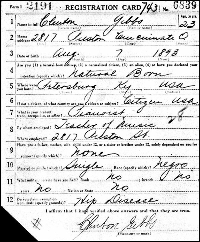 Clinton Gibbs' World War I draft registration card