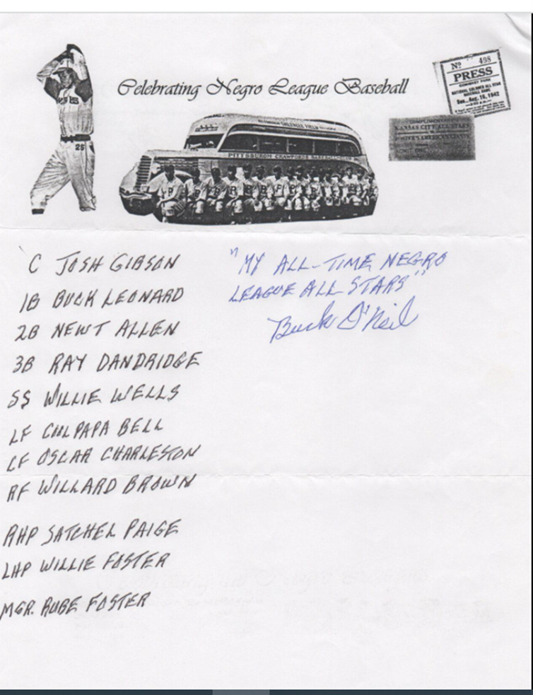 Copy of Buck O’Neil’s “All- Time Negro League All-Stars”