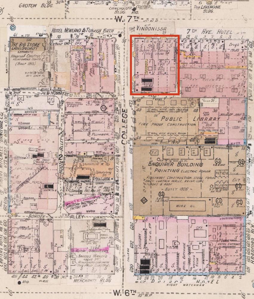 1904 Sanborn Map of Downtown Cincinnati. The Vindonissa Building, where Dow lived, is marked with a red square.