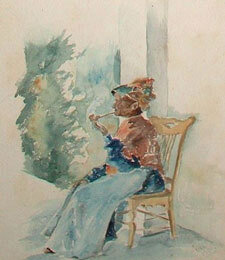 Watercolor painting of Nancy McGruder at Dinsmore Homstead
